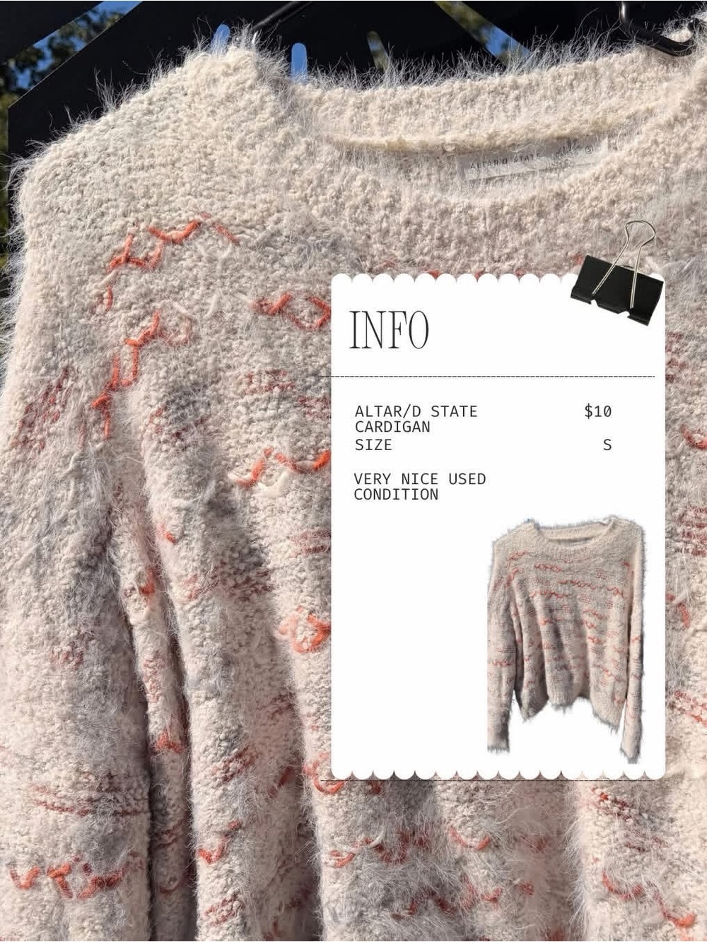 Altar'd State Cream Fuzzy Knit Cardigan with Coral Stitching